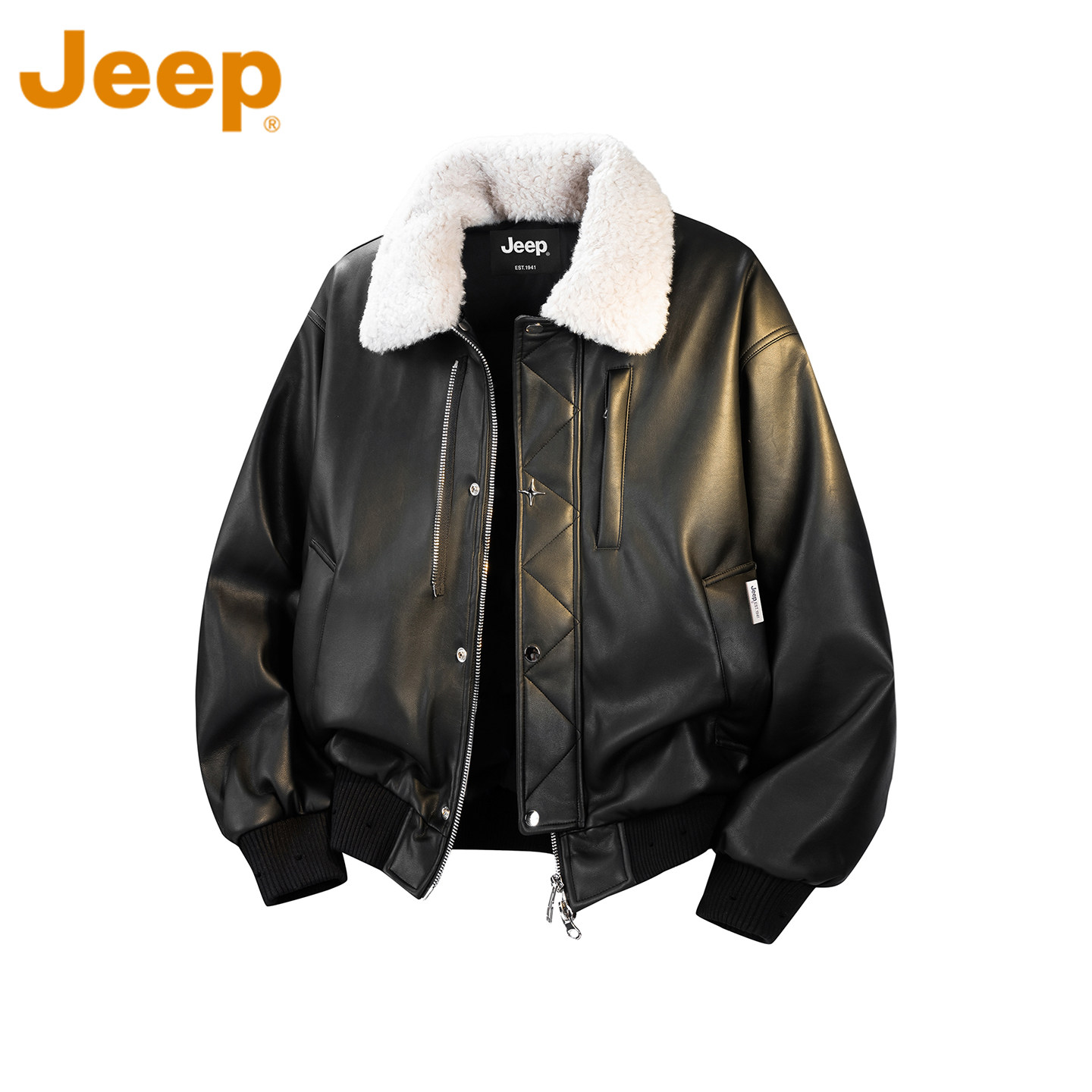 JEEP吉普羊羔毛领美式pu皮衣男款冬季90鸭绒加厚保暖羽绒服皮夹克
