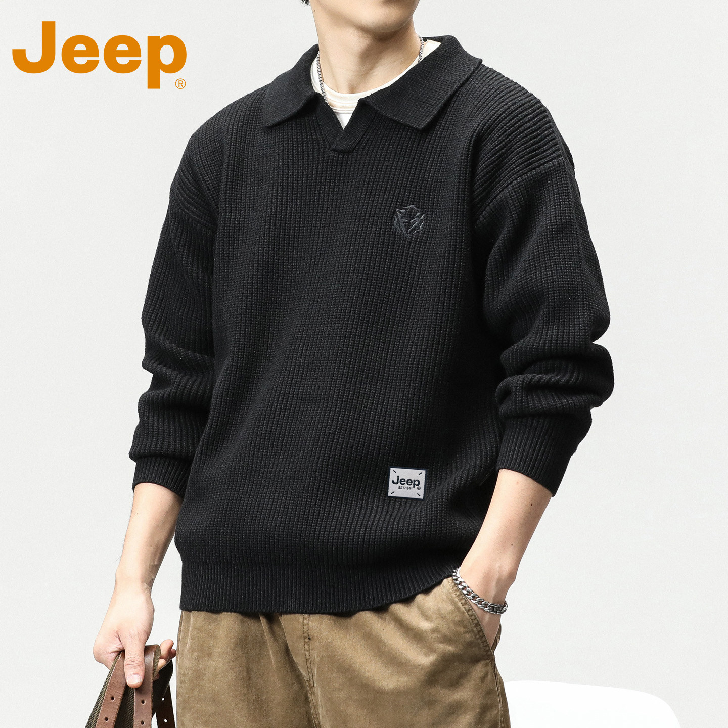 JEEP吉普黑色翻领polo衫毛衣男款秋冬季2025新款宽松慵懒风针织衫