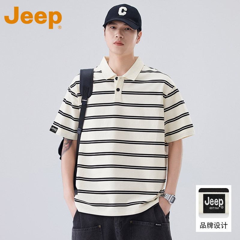 JEEP吉普条纹短袖polo衫男款夏季2翻领T恤休闲百搭宽松半袖上衣服