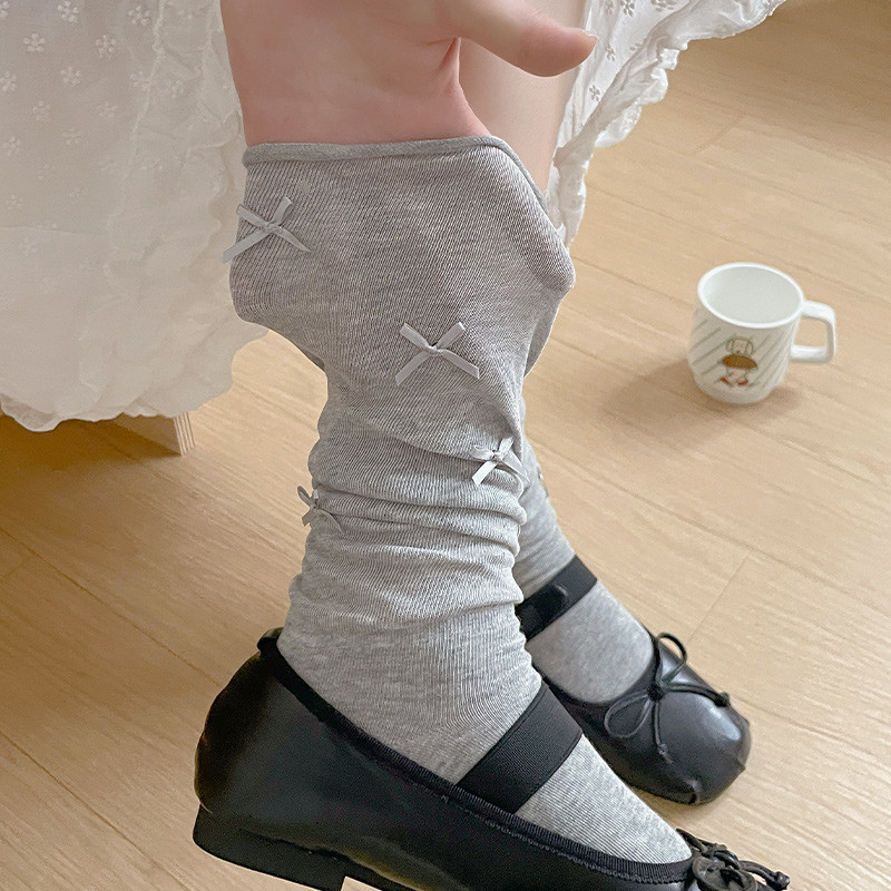 日系蝴蝶结堆堆袜女学生纯棉夏季薄款jk芭蕾风白色百搭小腿袜