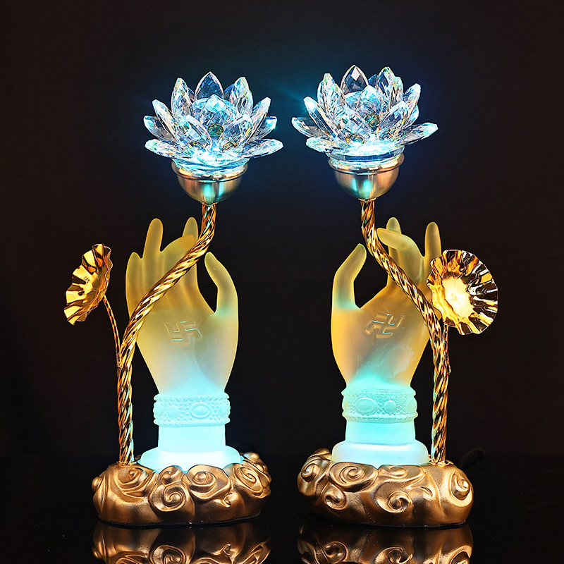 一对供佛LED七彩莲花灯佛供灯水晶长明灯插电佛手佛灯佛前家用