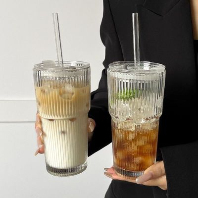 ins竖纹玻璃杯带盖吸管水杯奶茶杯高颜值冷饮杯果汁咖啡杯饮料杯