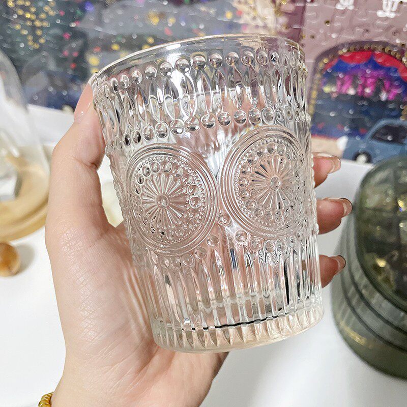 下拉详情领优惠ins北欧风复古浮雕玻璃杯圆形饮料杯果汁杯水杯