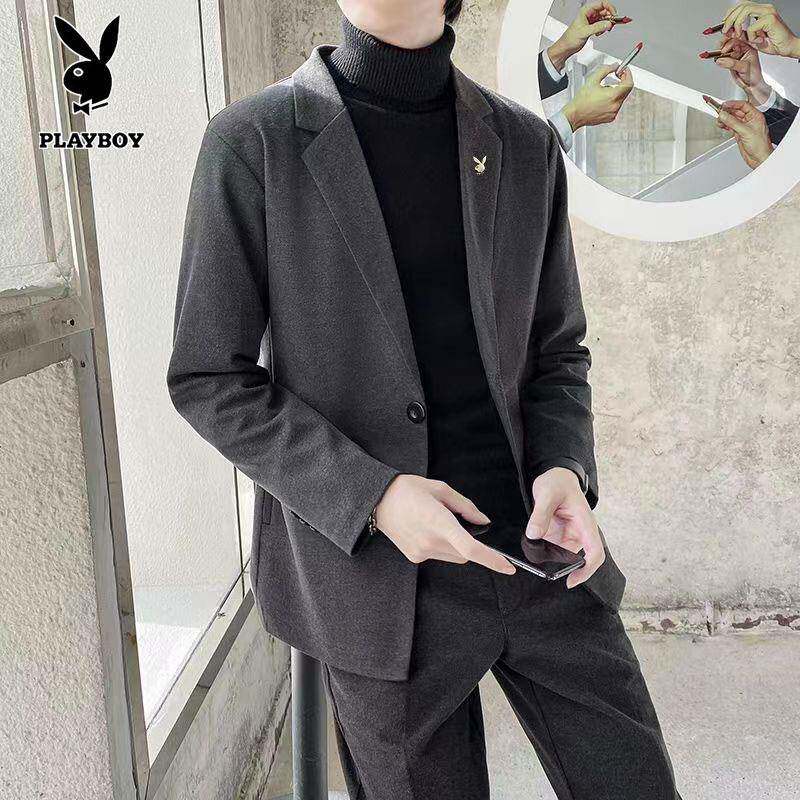 花花公子秋冬厚款毛呢休闲西服男士纯色休闲套装青年潮流西装外套