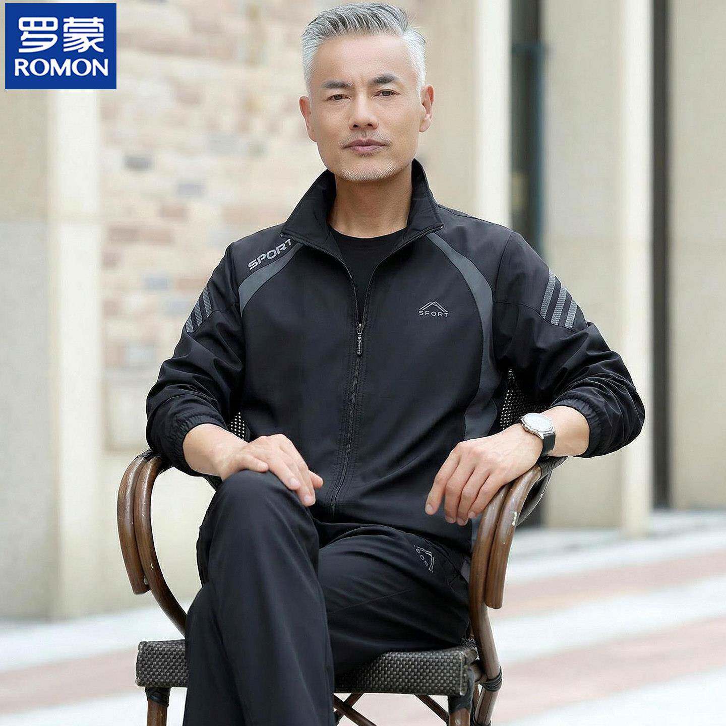 罗蒙爸爸春装外套中老年春秋季男士运动服大码父亲宽松休闲三件套