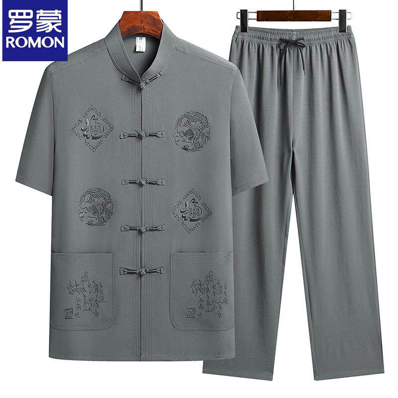 罗蒙夏季唐装男短袖套装中老年爸爸夏季薄款新中式立领冰丝两件套