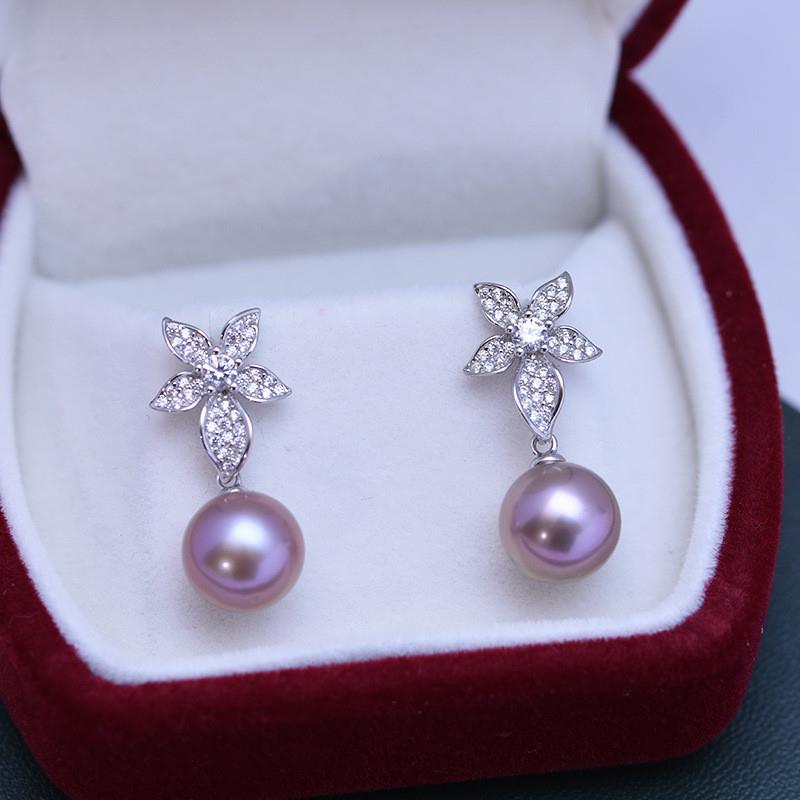 诸暨淡水珍珠9-10mm正圆紫色细微瑕简约S925银耳钉直播跨境供