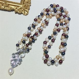 日韩时尚复古宫廷风双层tian然淡水珍珠长项链多层糖果色毛衣链