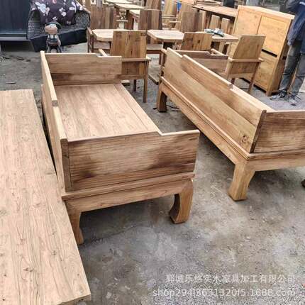 民宿北方老榆木罗汉床新中式全实木单人床家用客厅老榆木沙发床
