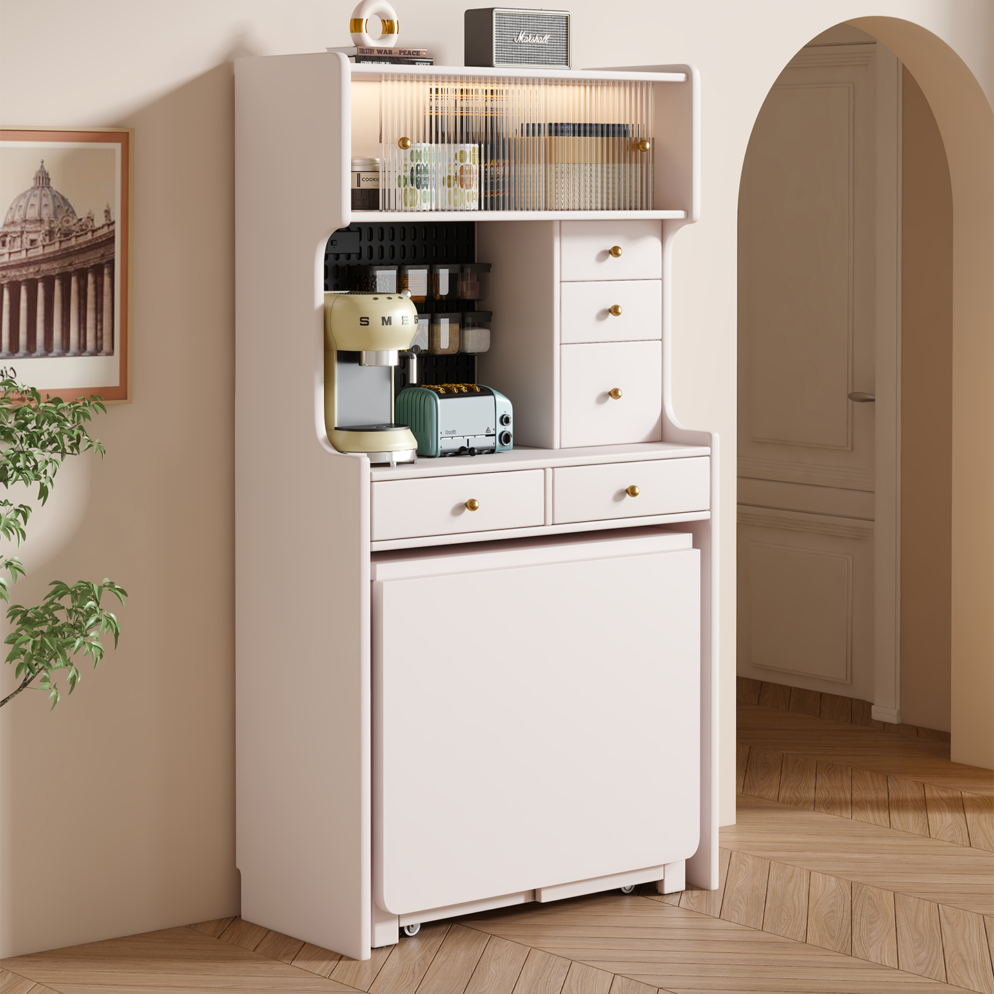 实木餐边柜餐桌一体家用小户型墙边客厅厨房储物柜带可折叠桌椅