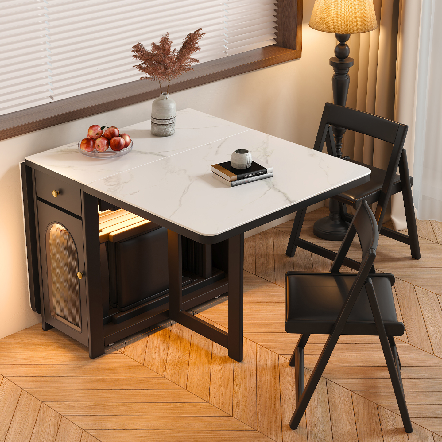 黑色实木岩板折叠餐桌家用小户型现代简约可伸缩移动多功能饭桌