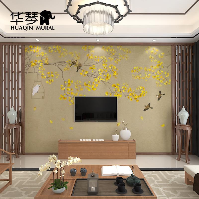 古风中式花鸟壁画电视背景墙壁纸银杏叶客厅沙发墙纸卧室无缝墙布