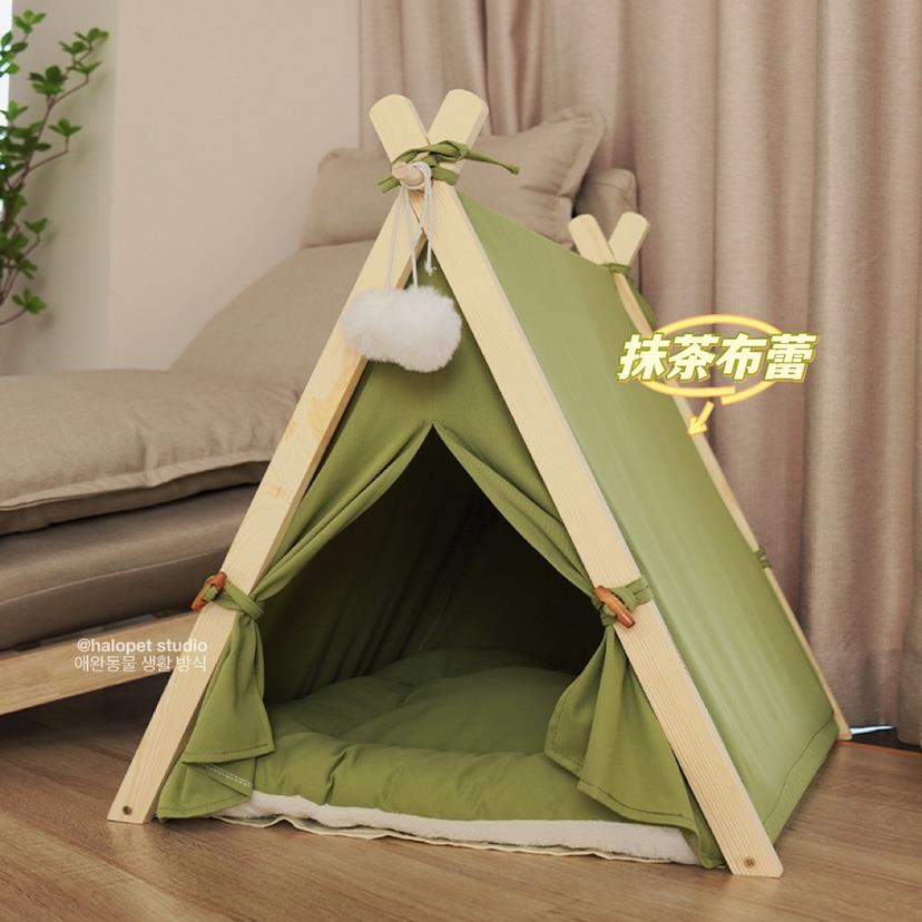 抹茶布蕾～韩国ins同款四季款可拆洗帆布实木宠物帐篷猫窝狗窝