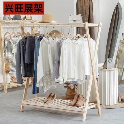 服装店双层展示架落地式实木双杆双排挂衣架男女装儿童中岛陈列架