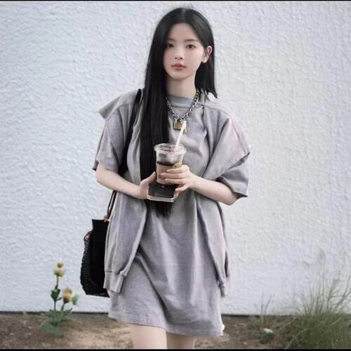 刺绣双环字母假两件中长款男女宽松大码围脖披肩圆领短袖T恤潮胖m