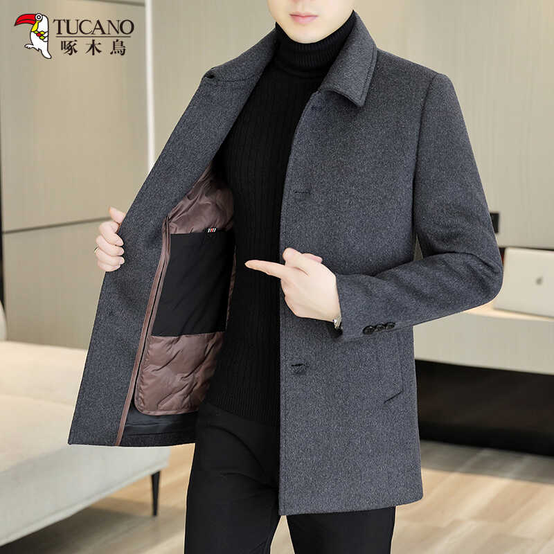 啄木鸟羽绒内胆中长款羊毛呢大衣