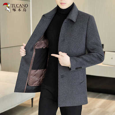 啄木鸟羽绒内胆中长款羊毛呢大衣