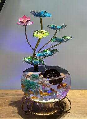 仿真五层荷花流水摆件办公室桌面鱼缸创意加湿器风水招财摆件