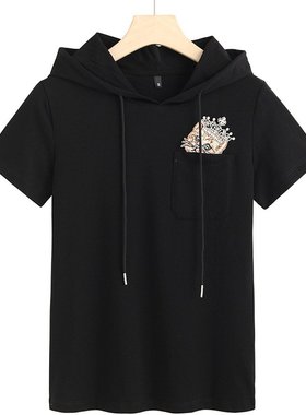 2025春夏装新ins超火连帽T恤女小众设计钉珠连帽猫咪卫衣短袖6801