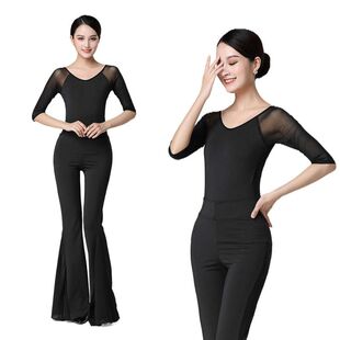 形体服礼仪模特训练服弹力网纱紧身阔腿舞蹈练功服女套装塑身优雅