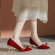 不累脚孕妇可穿珍珠浅口中式 洛榭 粗跟 新娘高跟单鞋 红色秀禾婚鞋