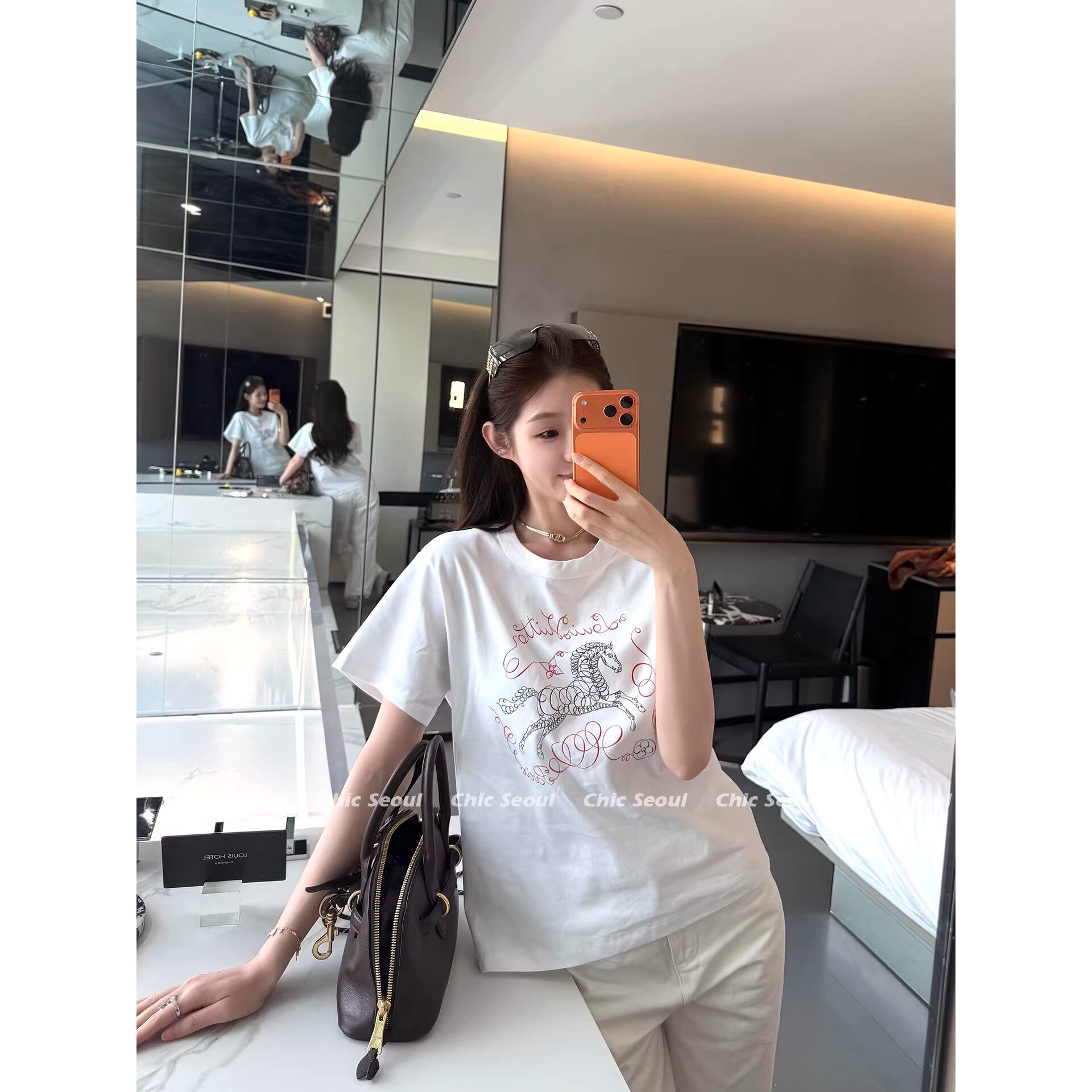 always cc26S夏季轻奢风小马涂鸦印花短袖T恤女韩版高定纯棉上衣
