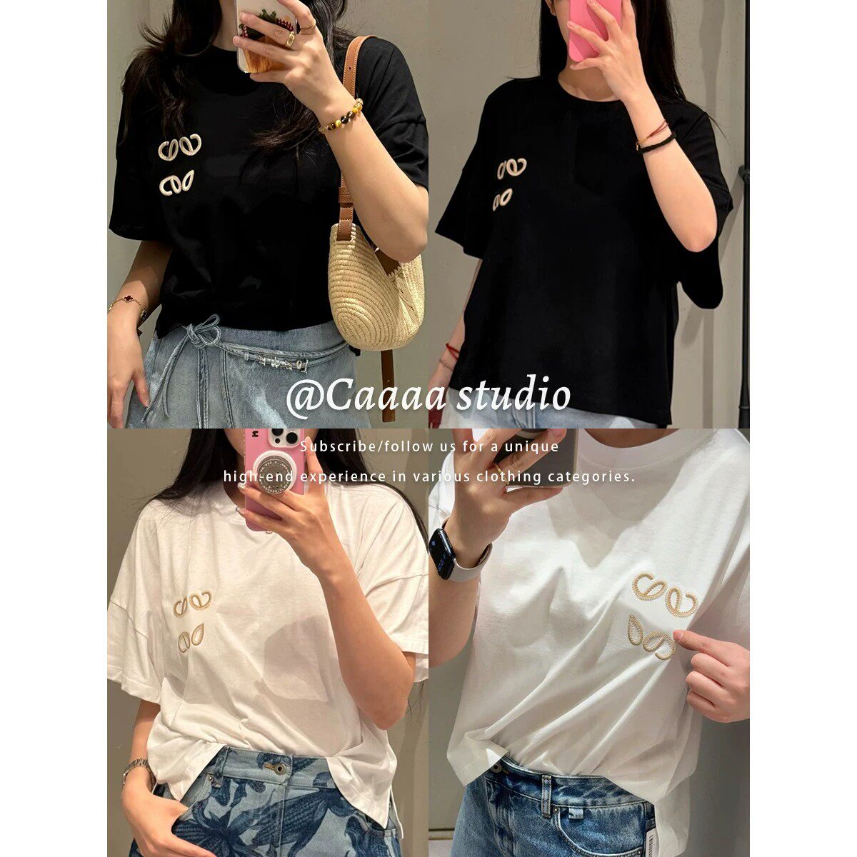alwayscc简约高级感月饼花刺绣拼色短袖百搭夏季宽松上衣男女同款