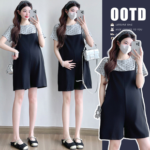 孕妇装夏套装2026新款孕期法式穿搭波点短袖上衣女孕妇背带裤夏季