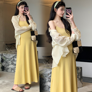 孕妇装夏套装2026新款夏季时尚孕妈高级感吊带连衣裙开衫两件套女