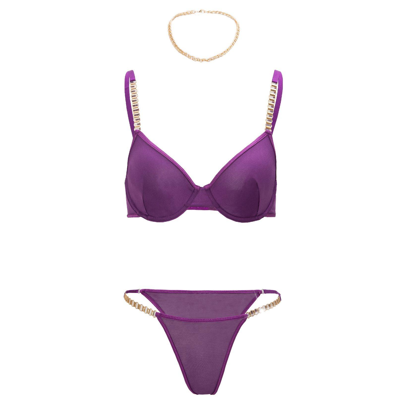 跨境欧美超薄网纱性感聚拢文胸套装金属链条时尚诱惑内衣丁字裤,女士内衣/男士内衣/家居服,女丁字裤,淘宝优惠券,粉丝福利购,淘宝优惠卷