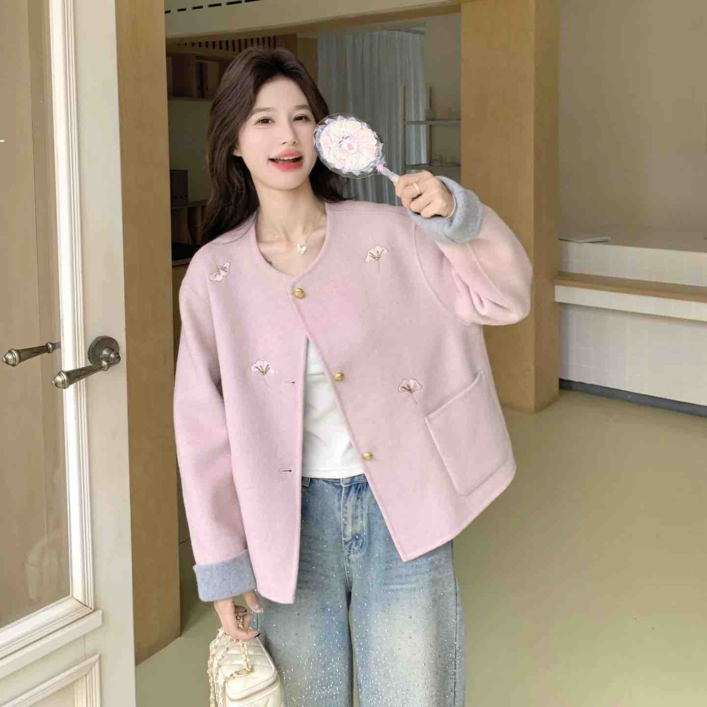 2026新款韩版宽松显瘦圆领双面羊毛大衣女短款小个子毛呢外套