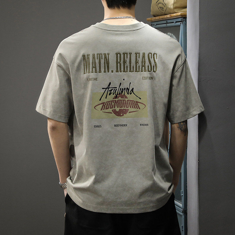 HS夏季新款复古水洗男短袖2026t恤宽松大码美式休闲半袖圆领打底T