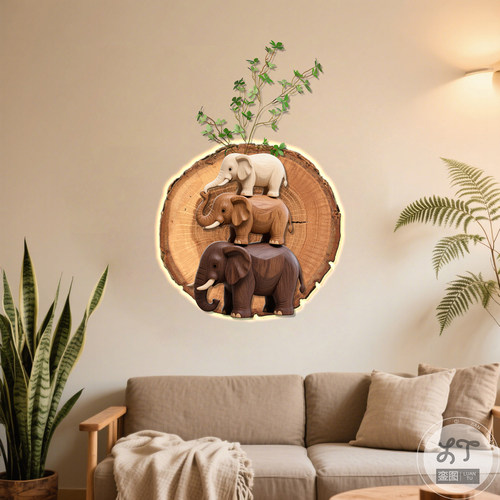 原木风客厅玄关装饰大象砂岩灯画