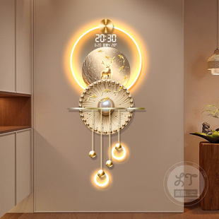 轻奢玄关装 饰画麋鹿九鱼图发光灯饰高级感万年历电子时钟挂画立体