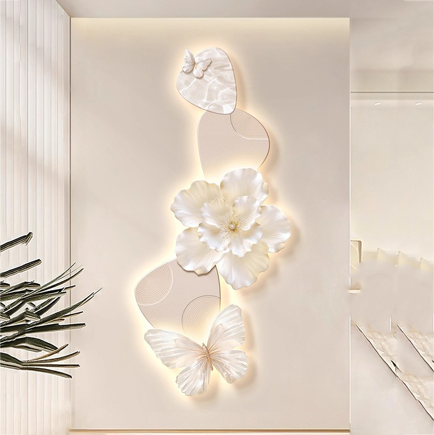 奶油风正对门花卉玄关装饰画