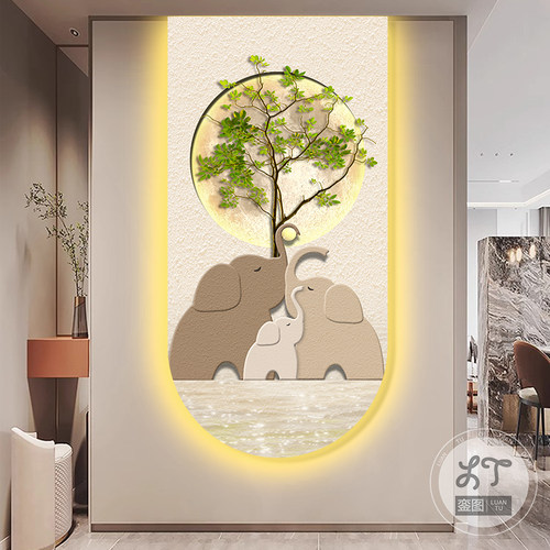 客厅玄关奶油风大象装饰画灯画