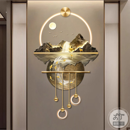 流水生财玄关装饰画山水高档灯画