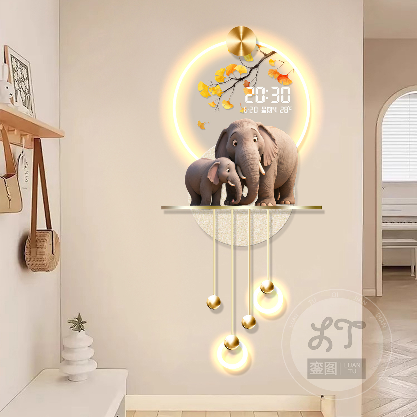 侘寂风吉象玄关装饰画电子时钟