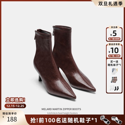 Cihi牛皮尖头高跟马丁靴加绒短靴