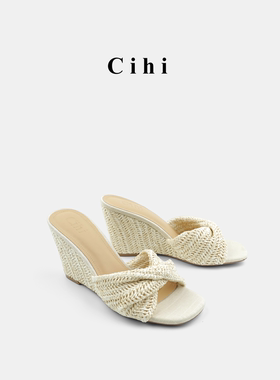 Cihi设计法式坡跟凉鞋女复古编织2025夏季新款露趾度假风外穿拖鞋