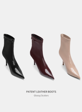 Cihi'Hushnow' 高密原色漆皮 防水尖头细跟短靴女士气质马丁靴子