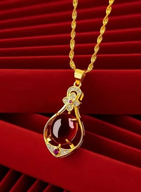 心有灵犀水滴形复古风精美女吊坠红绿宝石孔雀凤凰项坠水波纹项链