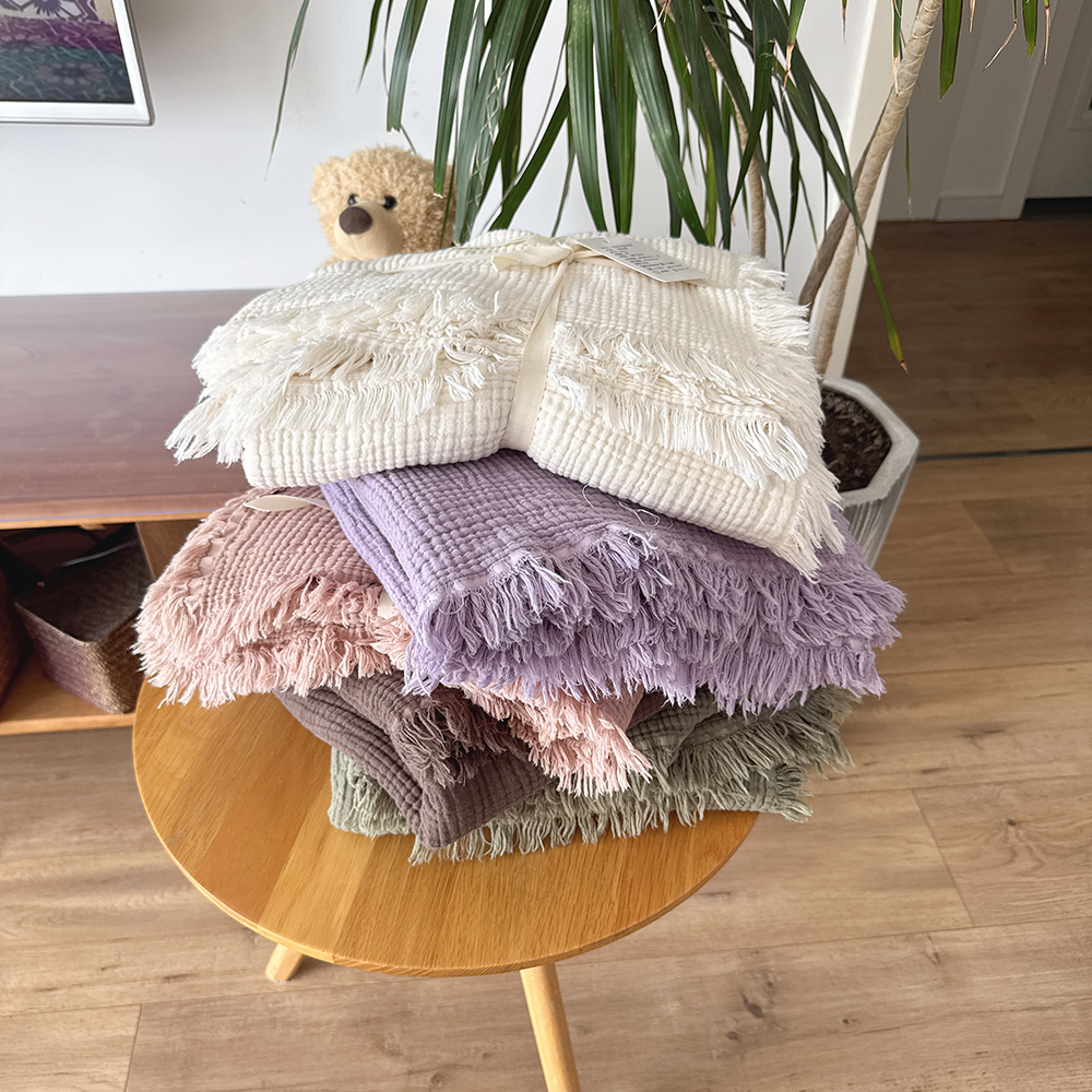 全棉皱皱纱布四层流苏纯色多功能盖毯夏被透气亲肤柔软A类母婴