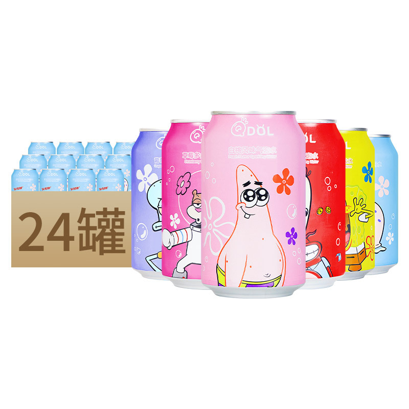 Q抖QDOL海绵宝宝动漫海洋小精灵气泡水330ml*24罐果味碳酸饮料