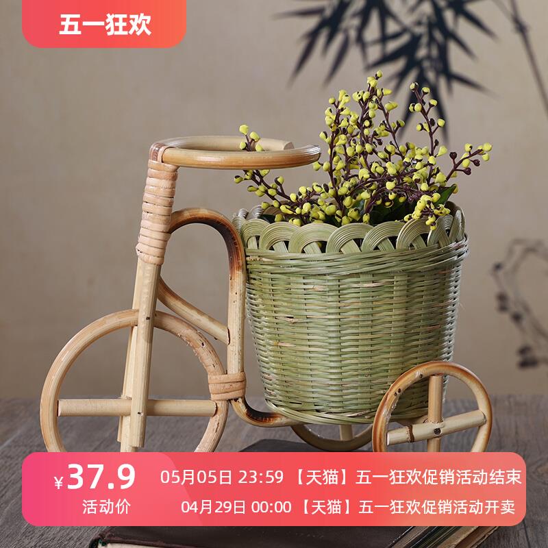 三轮小竹篮手工藤制品桌面摆件收纳篮笔筒竹编制品创意工艺品道具