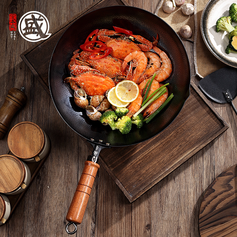 三本盛日本铁锅炒锅手工锻打老式家用炒菜锅不粘无涂层燃气灶专用