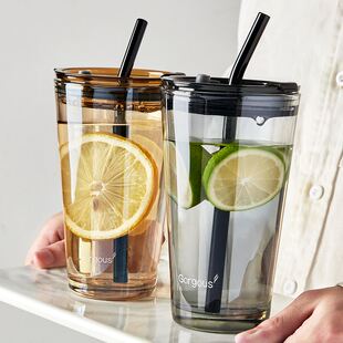 杯子男生高级感家用喝水耐摔果茶杯带吸管女士水杯2023新款咖啡杯