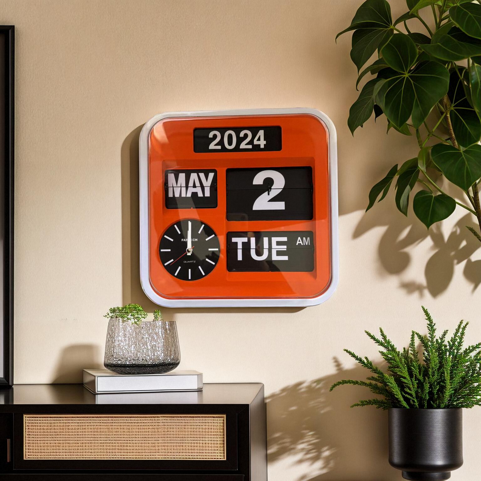 Fartech台湾华奇智能翻页钟表万年历简约时尚客厅橙色机械翻页钟