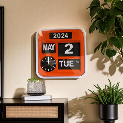 Fartech台湾华奇智能翻页钟表万年历简约时尚客厅橙色机械翻页钟