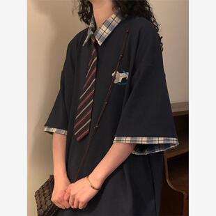T恤上衣 NAGA自制夏季 美式 复古学院风拼接格子小狗刺绣polo衫 短袖